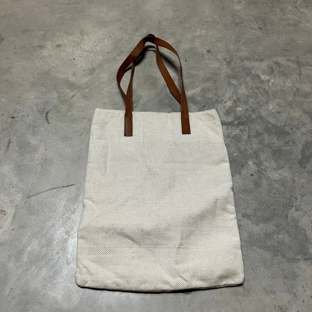 Eileen Fisher Linen Tote Bag Brown Leather Trim Cream Tan Minimalist Everyday